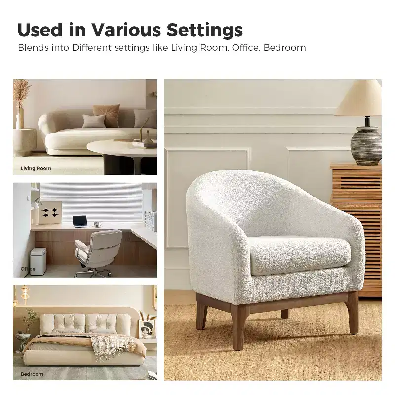 Boucle Barrel Armchair Set of 2 Solid Wood Legs High-Density Foam Dual-Sided Cushion