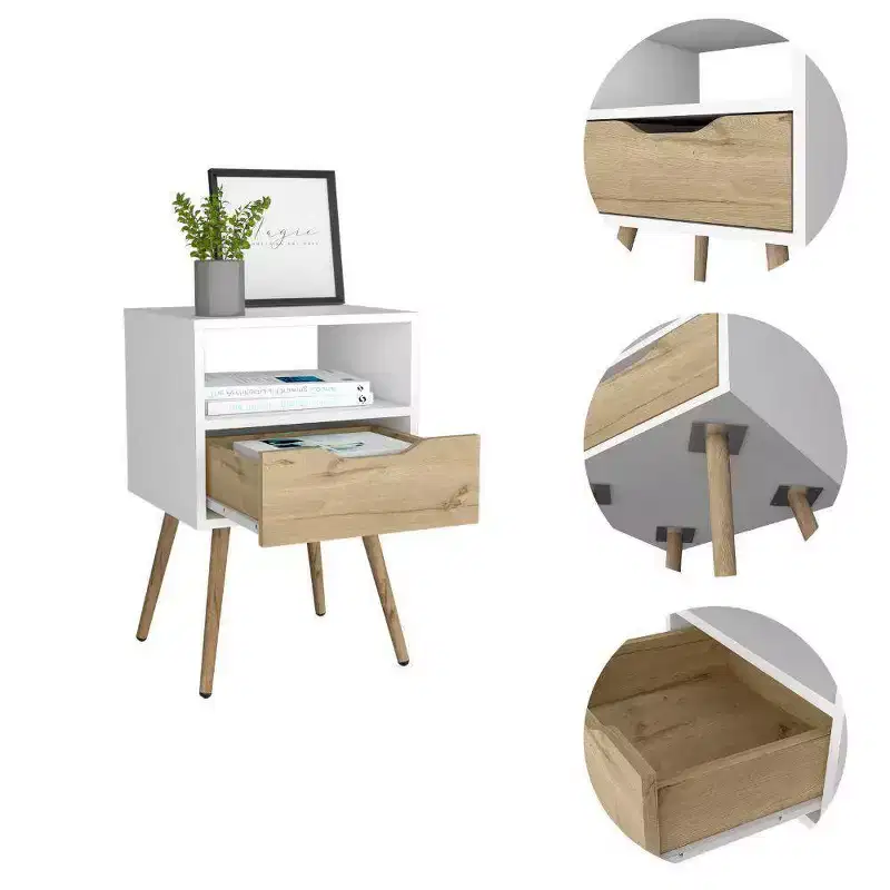 Pamplona Nightstand White/Light Oak - Boahaus: Modern Design, Open Shelf, Wood Laminate