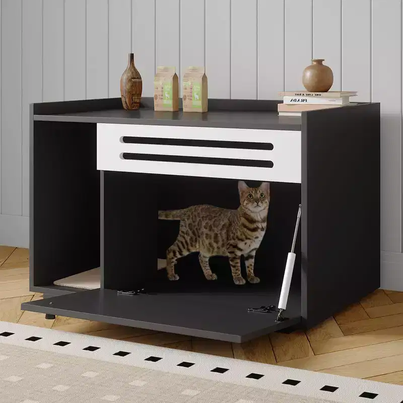 Black / Brown Ventilated Wood Cat Litter Box Enclosure, for 1–2 Cats