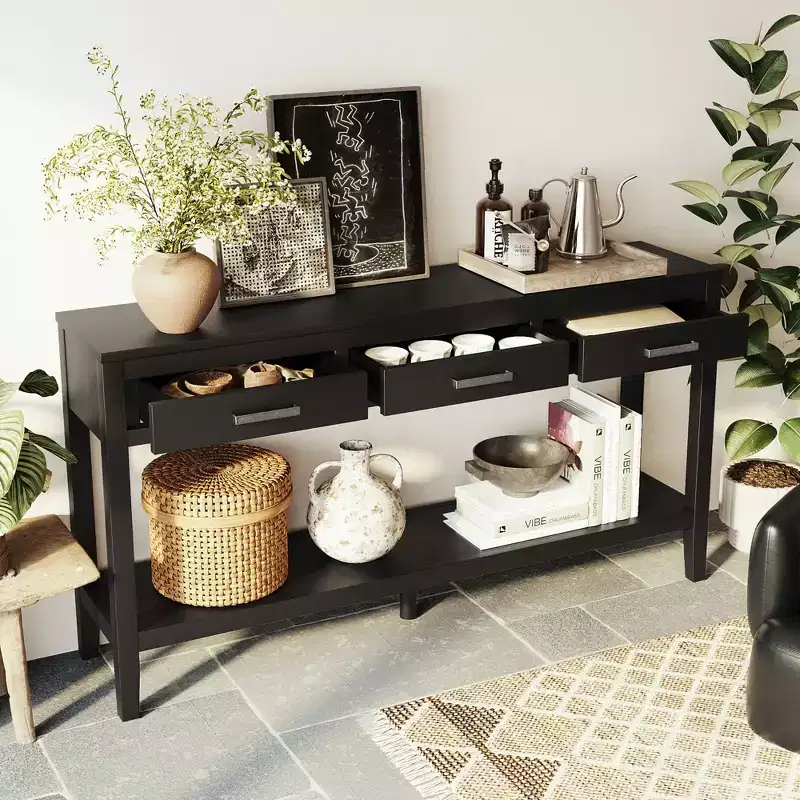 Okak 59.1IN Farmhouse Entryway Table with Bottom Shelf, Narrow Console Table with 3 Drawers and Iron Handles, Accent Table for Hallway, Foyer, Black