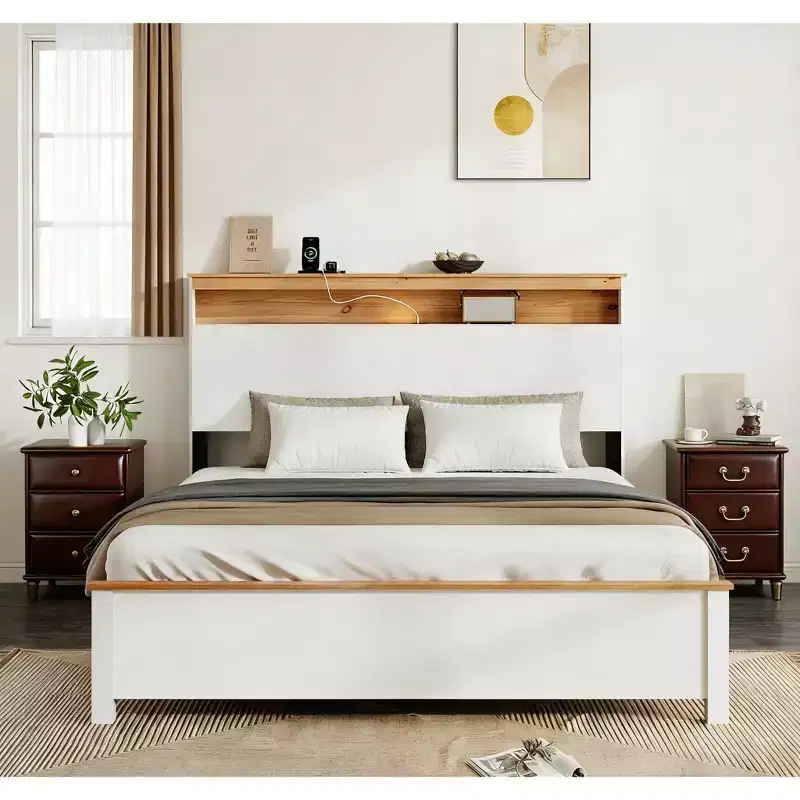 Platform Bed Frame with Charging Station, Storage Headboard & LED Light – Antique White