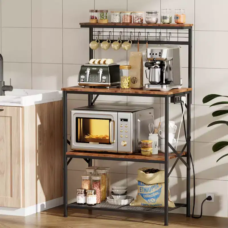 Kitchen Bakers Rack with Power Outlets, 31.5-inch Coffee Bar Station, 4 Tier Microwave Stand Storage Shelf with S Hooks, Brown Utility Table