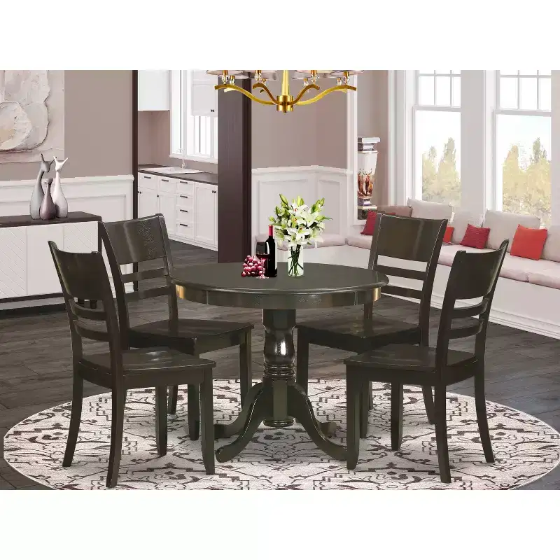 5-Piece Round Cappuccino Finish Solid Wood Top Dining table with 4-Chairs with