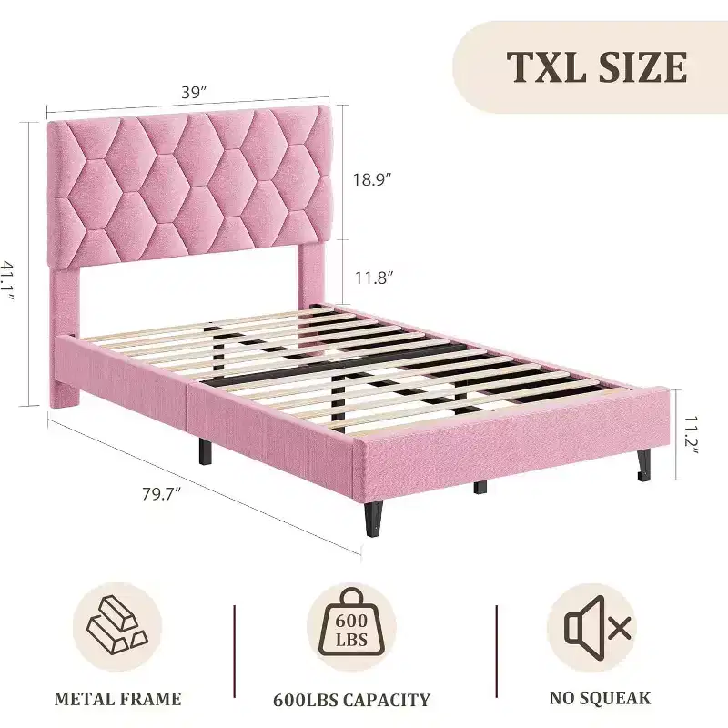 Twin XL Pink Bed Frame - Upholstered Headboard & Adjustable Height, Heavy-Duty Platform Structure, Reliable Wood Slat Support