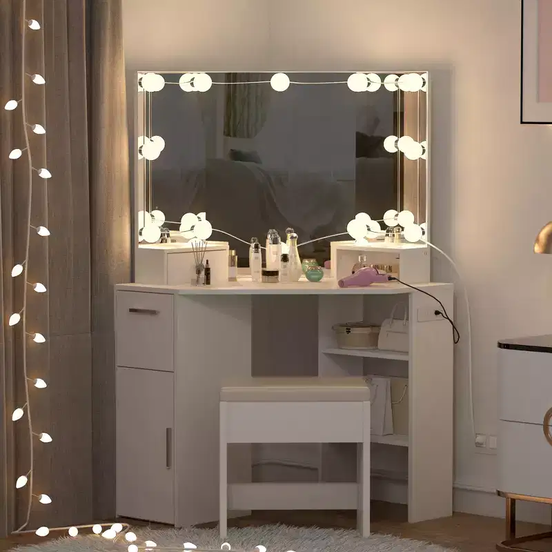 COZONY Corner Vanity Set with Lighted Mirror & Outlets, Drawers & Shelves, Makeup Table w/ Upholstered Stool