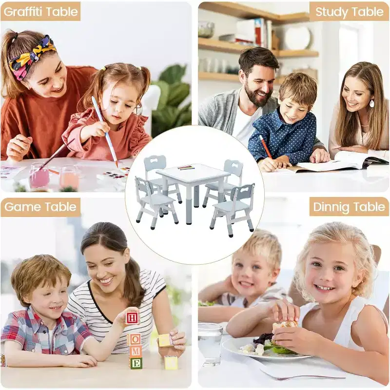 Kids Table and 4 Chairs Set with Particleboard Desktop, Height Adjustable, Anti-Slip Pad, Compact Dining Set, and Durable Desktop
