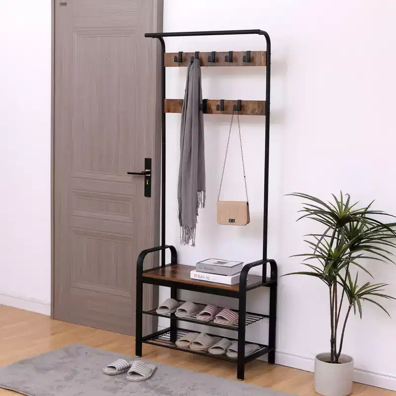 Okak 71IN Industrail Coat Rack with Shoe Bench and 9 Removable Hooks, Hall Tree with Hanging Rod, Coat Stand for Living Room, Hallway, Brown