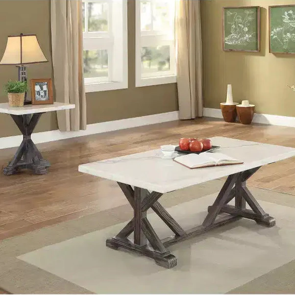 White Marble Top End Table, Espresso Brown, X-Base, 1-Piece