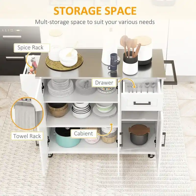 50.5Kitchen Island Rolling Kitchen Cart on Wheels with Drawer,3 Cabinets,Stainless Steel Countertop,Spice Rack and Towel Rack