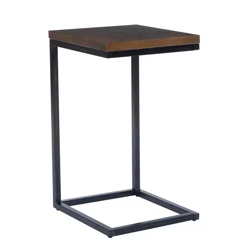 Traditional C Style Accent Table Walnut Wood and Hand Distressed Black Metal Frame