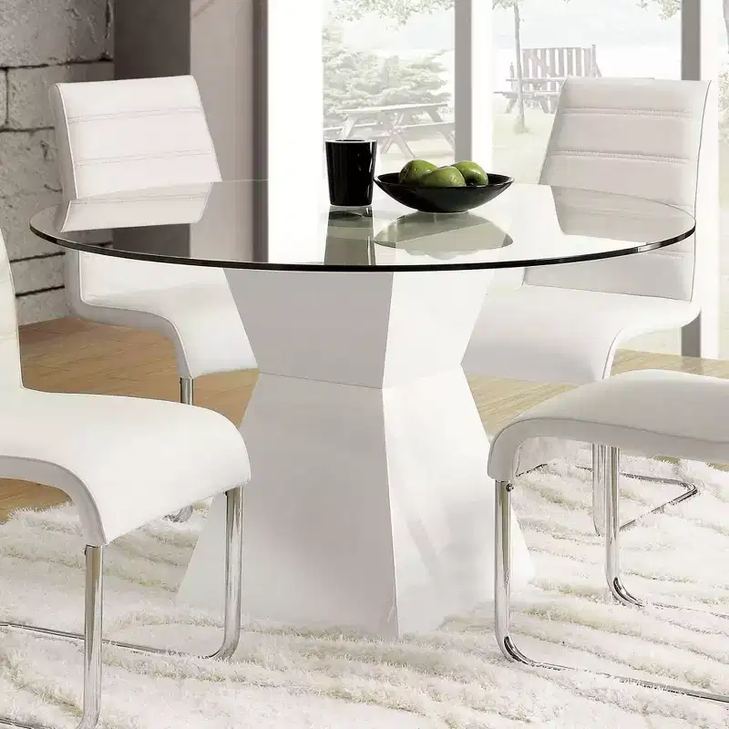 White Round Dining Table with Glass Top, Seats 4