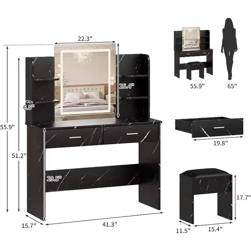 Acekool Vanity Desk with Lighted Mirror, Stool, Power Outlet, 6 Shelves, 2 Large Drawers, 3-Color Adjustable LED, Makeup Vanity for Bedroom, Black