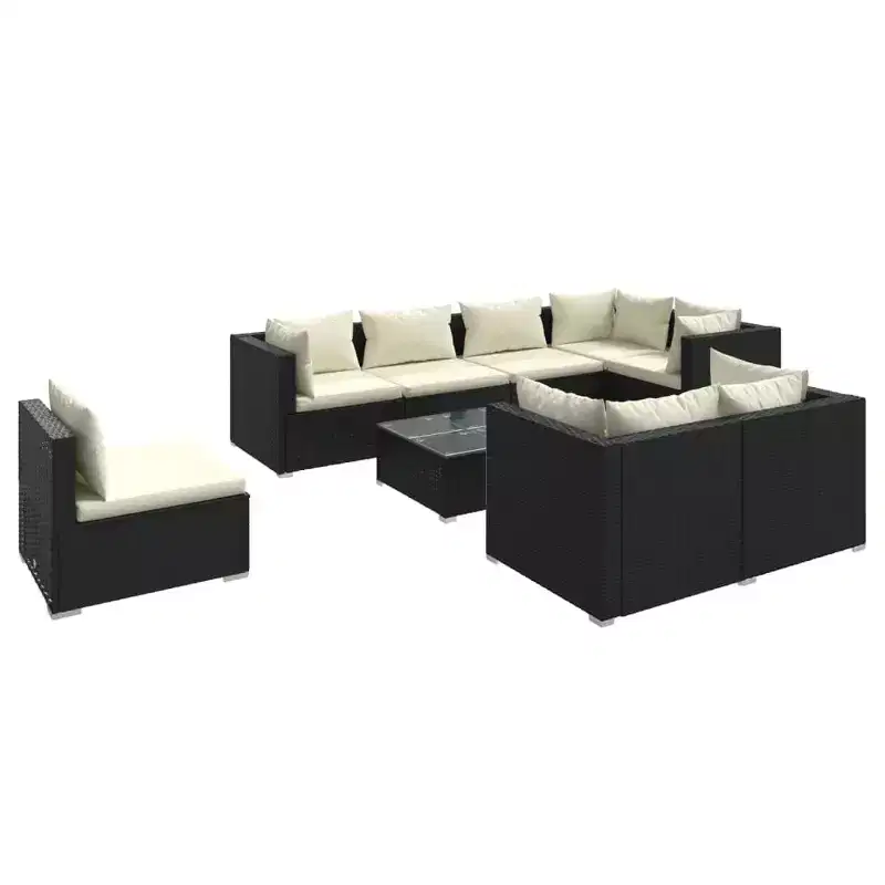 vidaXL 9 Piece Patio Lounge Set - Black Poly Rattan Outdoor Furniture with Cushions - Sturdy Steel Frame - Comfortable Modular Design