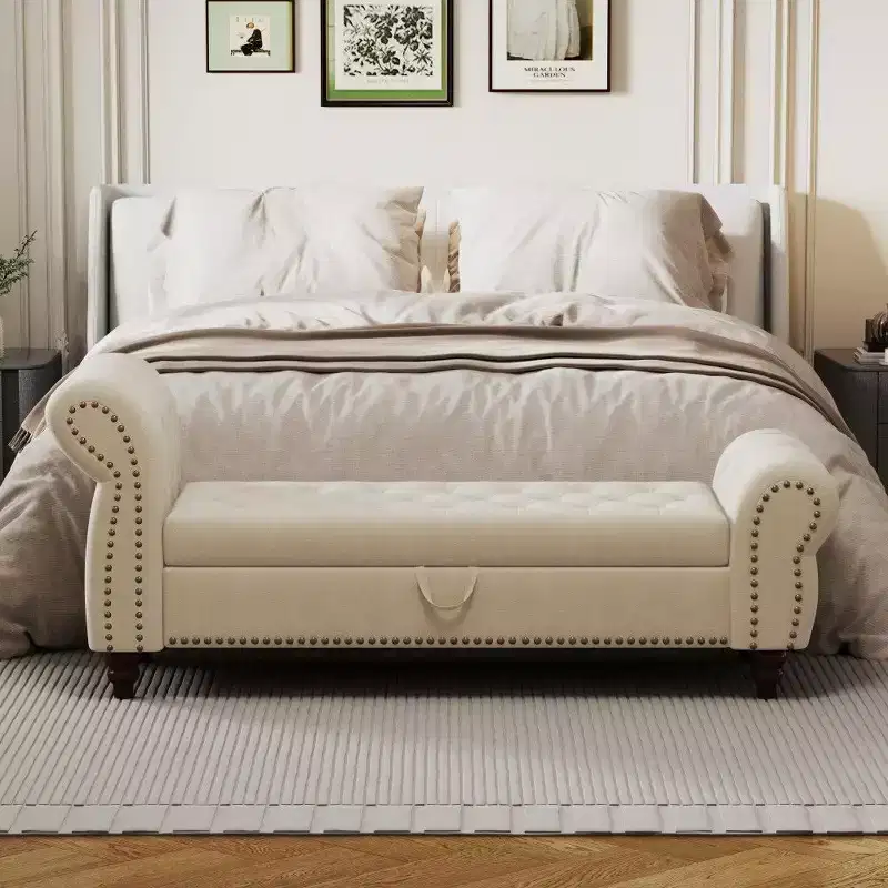 TUYOHW Rectangle Storage Bench,64.5 End of Bed Ottoman Bench with Nail Tufted Design,Linen Ottoman for Living Room,Bedroom,Entryway