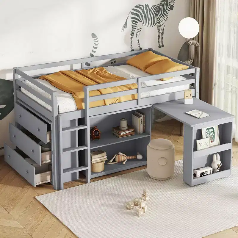 Twin Loft Bed with Drawer Cabinet, Shelf Cabinet and Pull-Out Desk, Rubber Wood with Guardrail and Ladder, Gray