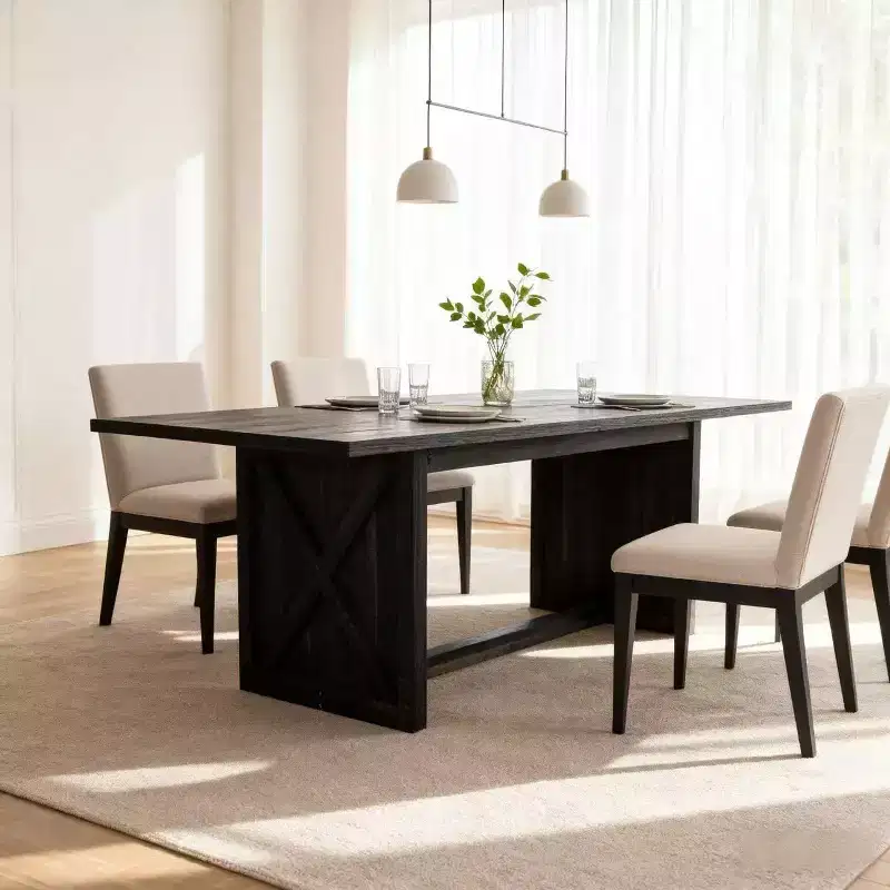 Rectangular Dining Table with X-Frame Base, Farmhouse Industrial Style, Black Wood