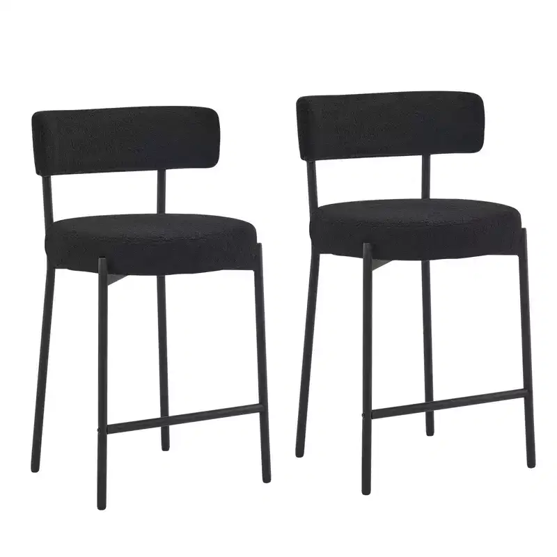 Furnilivng 24Modern Boucle Fabric Counter Height Stools Set of 2, Mid Back and Metal Frame for Kitchen Island, Dining Room