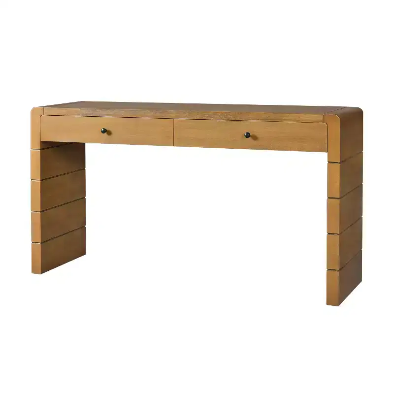 Console Table with Storage Drawers and Solid Panel Base for Entryway or Living Room, Oak