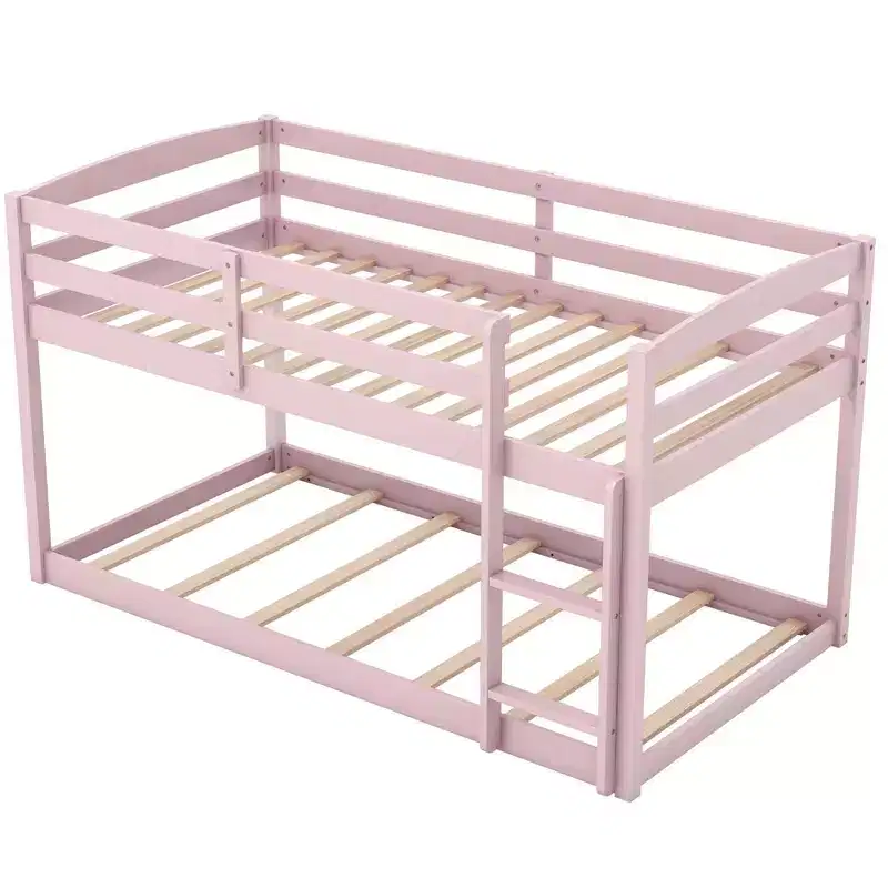 Costway Twin over Twin Low Bunk Bed with Guardrails Integrated Ladder Kids Wooden Grey/White/Beige/Pink