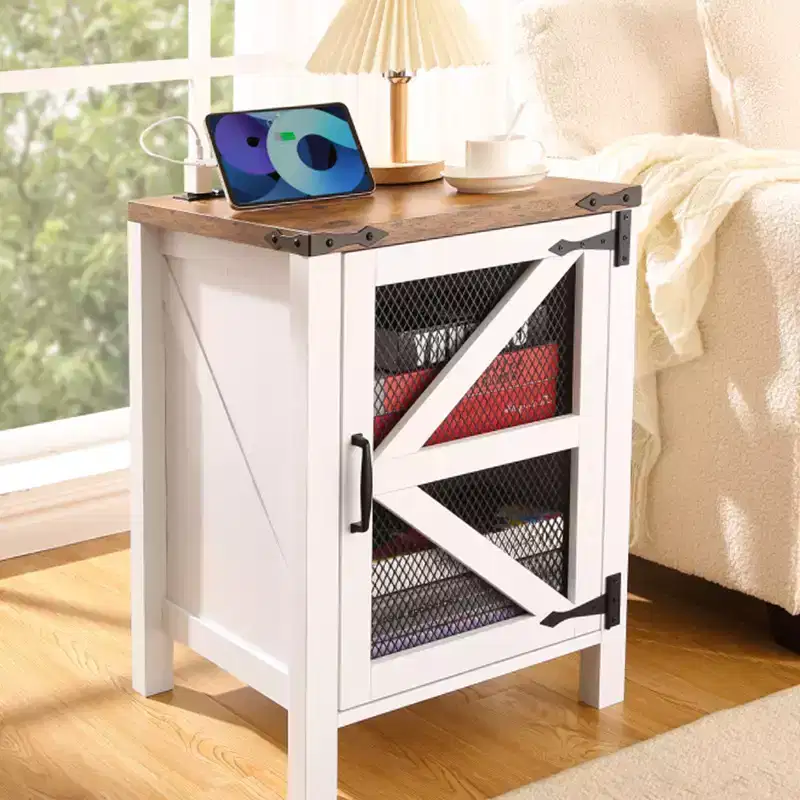 COZONY 24 Farmhouse Nightstand with Charging Station, Barn Door Adjustable Shelf, Rustic End Table for Bedroom Living Room