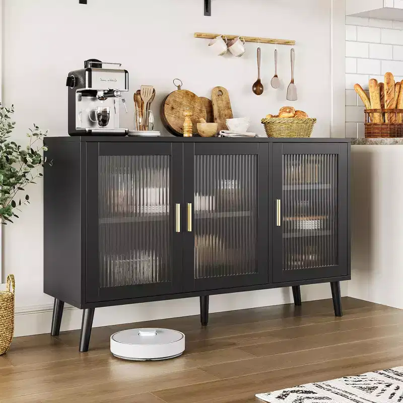 Sideboard Buffet Cabinet, 47.6 Black Buffet Cabinet, Modern Sideboard Kitchen Cabinet with Glass Door and Removable Shelves