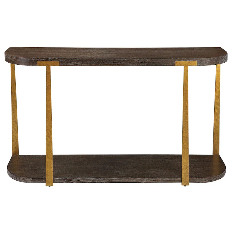 Coffee Oak Veneer Console Table with Antique Gold Metal Columns – 54