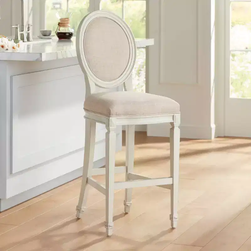 Wood Bar Stool Vanilla Cream 31 High French Vintage Retro Almond Cushion With Backrest Footrest For Kitchen Counter Height Island