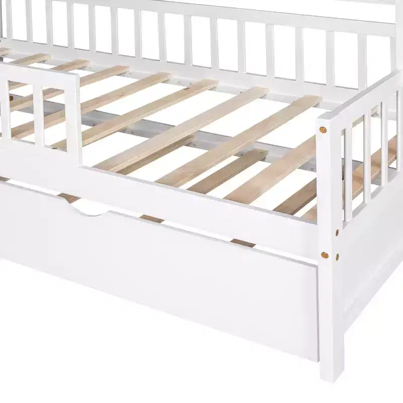 Luxystar Wood House Bed Frame with Trundle and Shelves, White