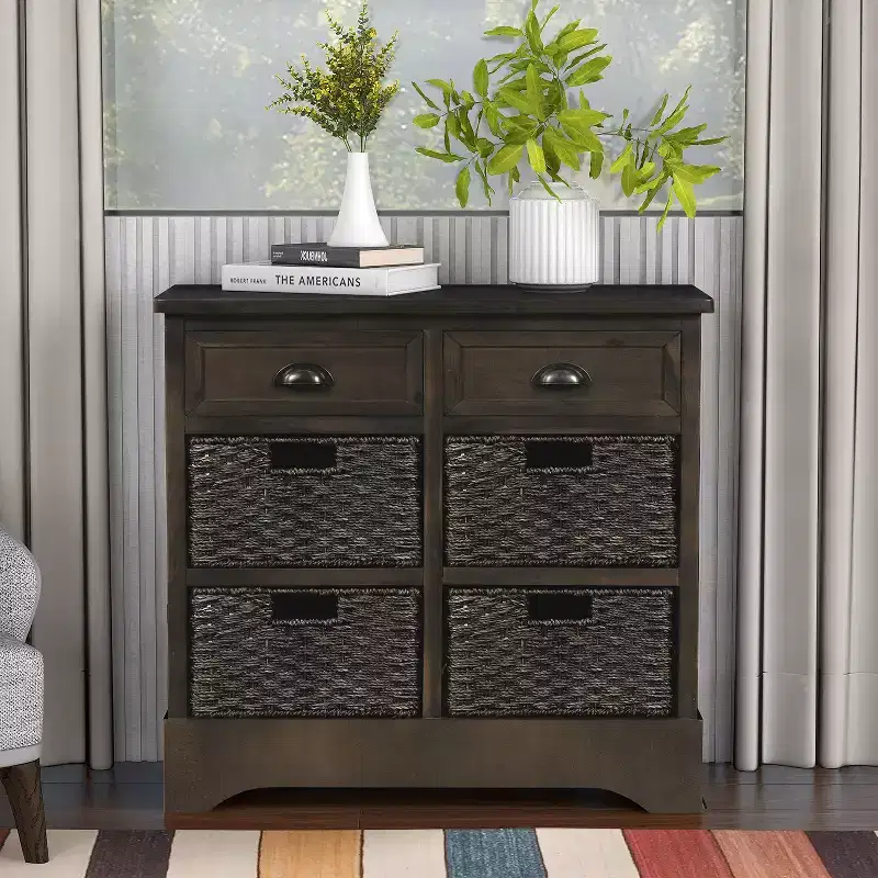 Rustic Storage Cabinet with 2 Drawers and 4 Rattan Baskets