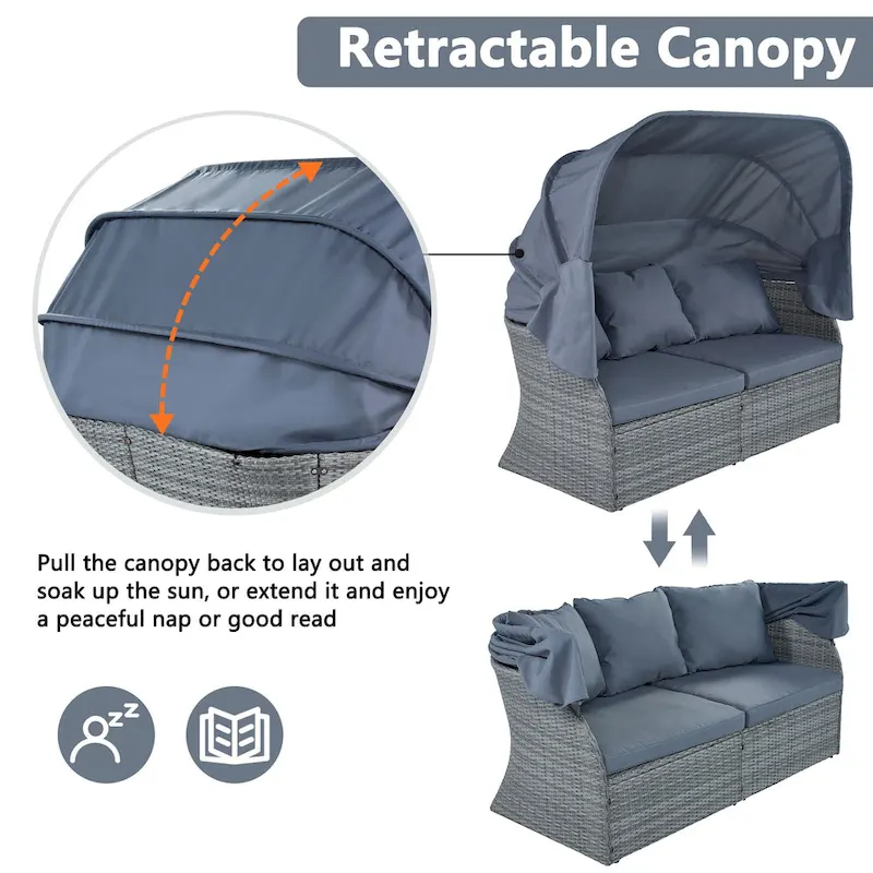 Modular Daybed Sunbed Patio Canopy Bed Wicker Conversation Set