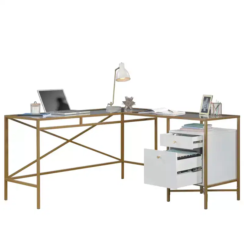 Sauder Harper Heights Glass Top L Desk White