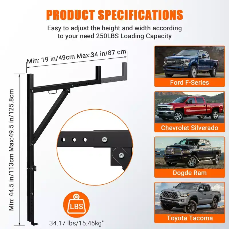 Heavy Duty Adjustable Ladder Rack for Pickup Trucks  Steel Construction  19-34 Extendable, 44.5-49.5 Height  250 lbs Load  Ideal for Kayaks