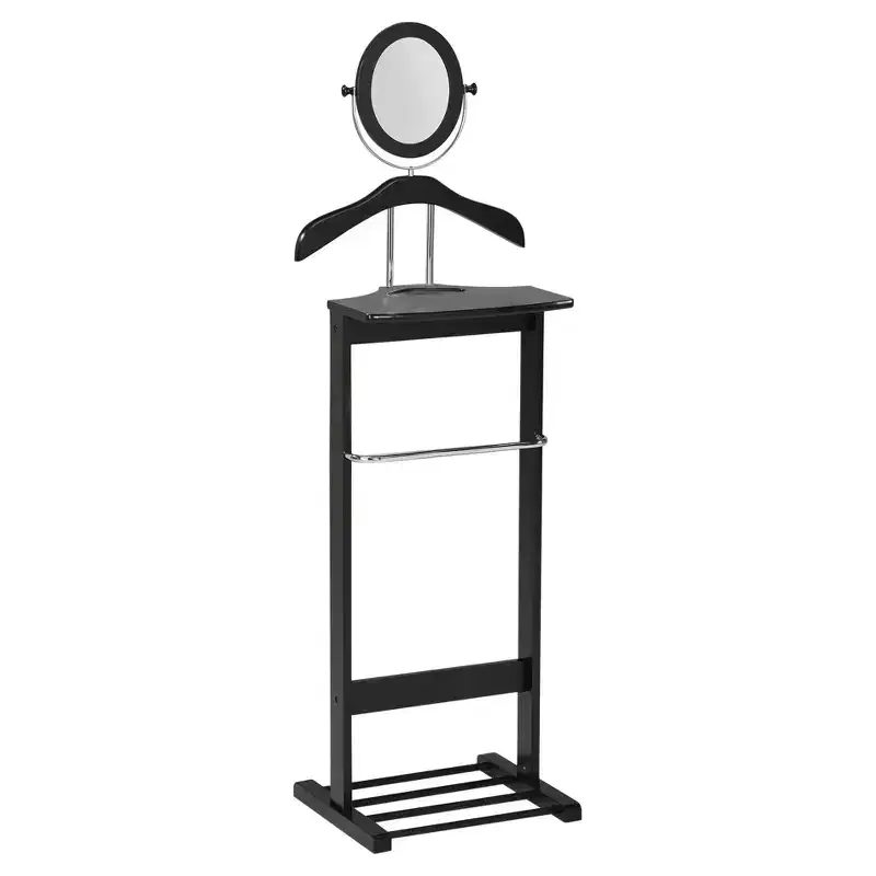 Furniture - Wardrobe Wood Suit Valet Stand, Clothes Trouser Bar Rack, Tie, Belt Hanger and Shoe Rack, Black/Chrome