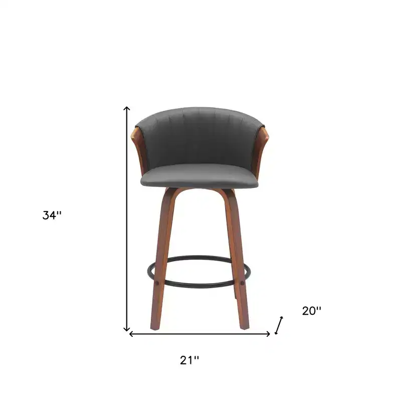 HomeRoots 26 Gray and Wood Brown Faux Leather with Solid Wood Swivel Counter Height Bar Chair