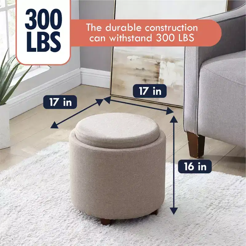 Ornavo Home Lawrence Round Storage Ottoman with Table Top Lid