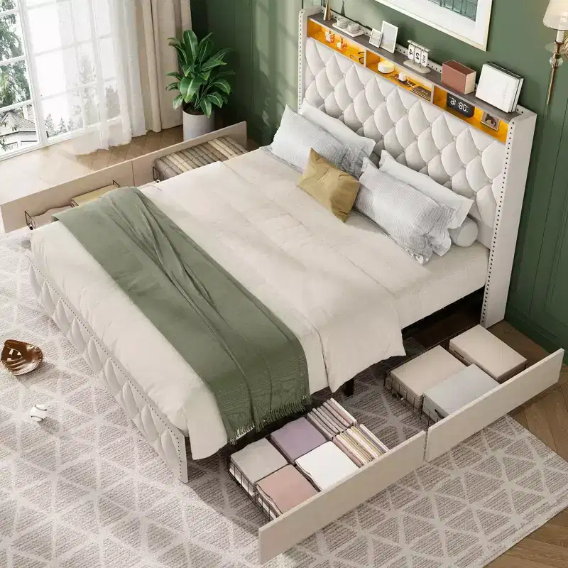 GustoWave Velvet Upholstered Bed Frame with 50.8 Tall Headboard, USB Charging Station, Led Lights