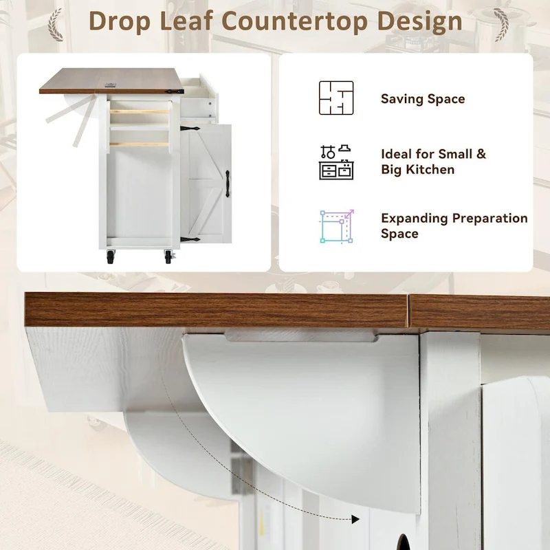53.5 Farmhouse Kitchen Island Cart with Power Outlet, Drop Leaf, Spice Rack, and 2 Drawers, 5 Wheels