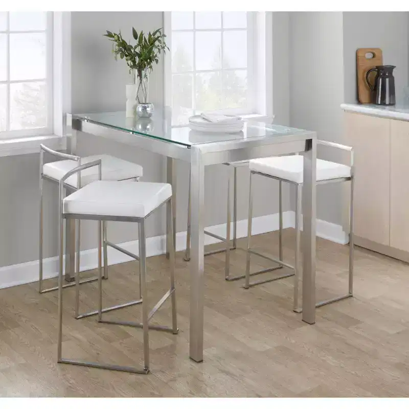 LumiSource Set of 3 Fuji Stacker Counter Height Barstools Stainless Steel/White PU