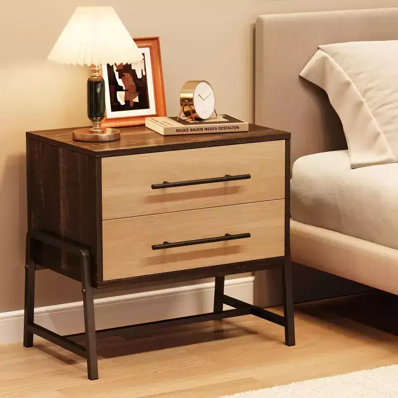 Nightstand with Drawers,23.6 Wide Bedside Table with Storage, Light Wood Side Table with Metal Legs, Dark Brown Night Stand