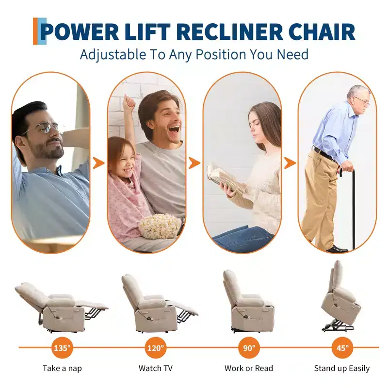 Power Lift Recliner Chair, Electric Massage & Heat Recliner with 45 Assist Stand, with Soft Padded Upholstery, Side Pocket & Cup Holders