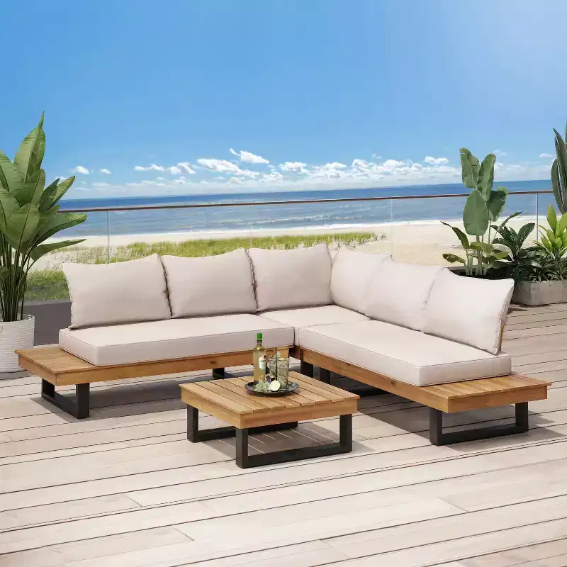 GDFStudio Raleigh Outdoor Acacia Wood 5 Seater Sectional Sofa Chat Set with Cushions, Teak/Beige