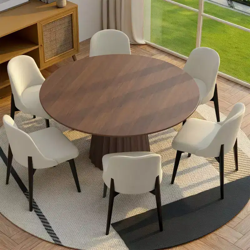 PexFix 52 Modern Round Dining Table Set with 6 Upholstered Chairs Walnut Textured Wood Top Pleated Pedestal Base Beige Seats for Kitchen Dining Room