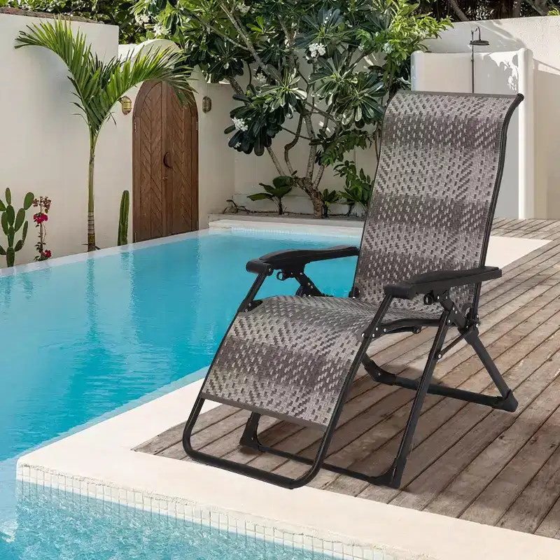 2PCS Outdoor Rattan Recliner Chairs, 330lb Capacity Adjustable Folding Lounge, Heavy Duty Wicker Portable Reclining Chair for Poolside, Garden, Patio
