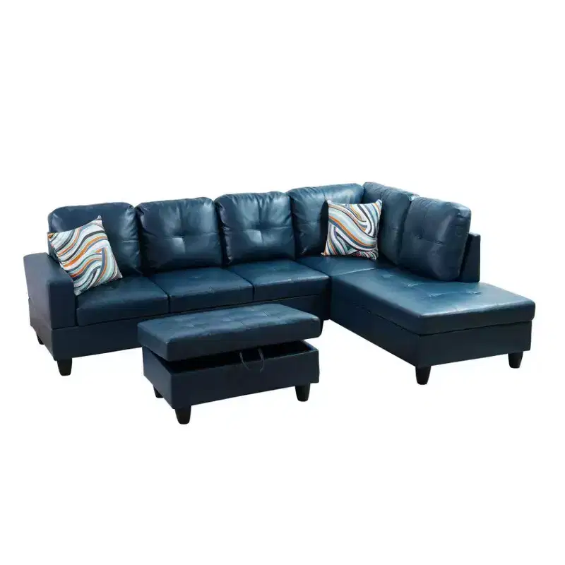 Blue Semi-PU Leather Sectional Sofa - Modern L-Shaped Design, Tufted Cushions, Storage Ottoman, Contemporary Home Dcor