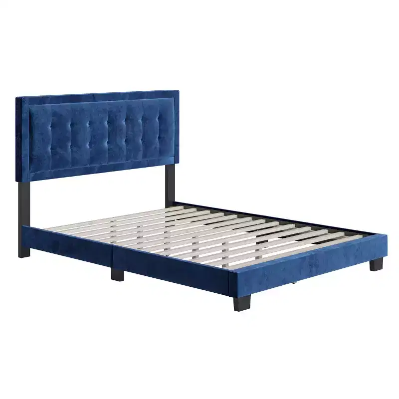 Velvet Button Tufted Upholstered Platform Bed Frame
