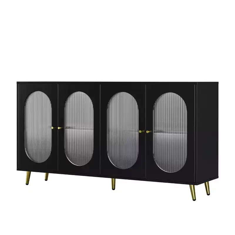 4-Door Decorative Storage Cabinet with Fluted Doors and Metal Legs for Living Room or Dining Area, Black
