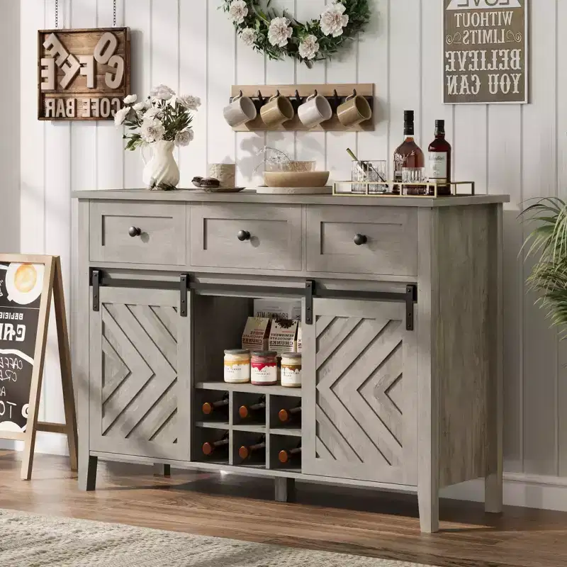 Farmhouse Buffet Cabinet with Sliding Barn Door, Rustic Sideboard with 3 Drawer, Removable Wine Rack, Farmhouse Sideboard with Adjustable Shelf