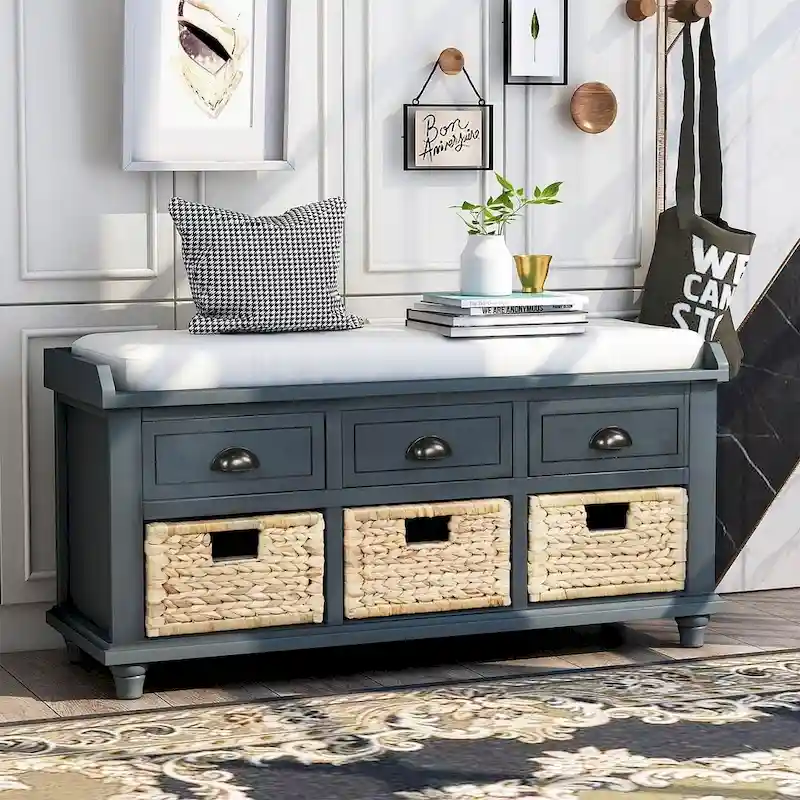 42.10 Farmhouse Versatile Entry Upholstered Storage Bench with 3 Drawers and 3 Rattan Baskets