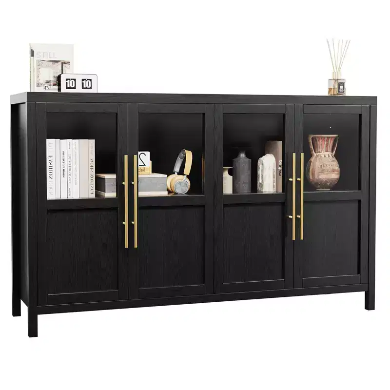 55 Large Buffet Sideboard Cabinet with 4 Glass Doors and Shelves, Modern Farmhouse Storage Cabinet Table for Kitchen Dining Room Living Room Hallway