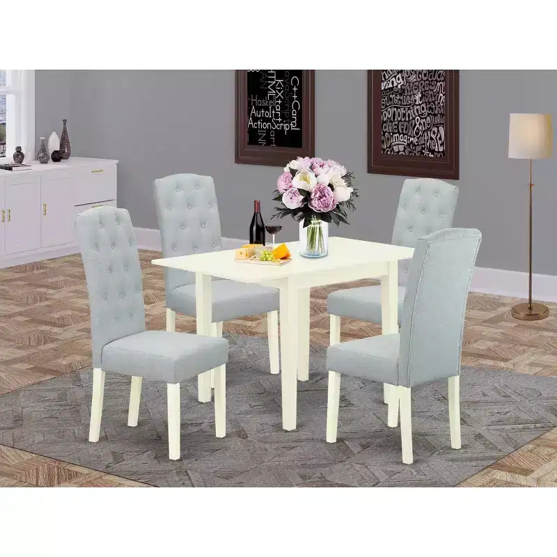HomeStock 5 Piece Linen White Dining Table Set with Baby Blue Chairs